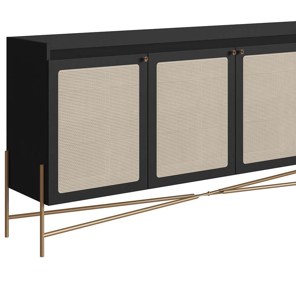 Oslo 72"L X32"H  Sideboard Iron Gold Legs  Rattan 3 Door -2-Drawer-Nero Black - Image 4