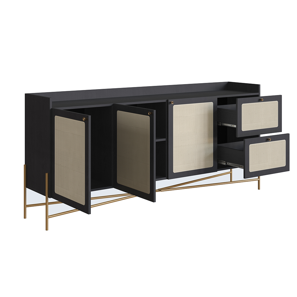 Oslo 72"L X32"H  Sideboard Iron Gold Legs  Rattan 3 Door -2-Drawer-Nero Black - Image 5