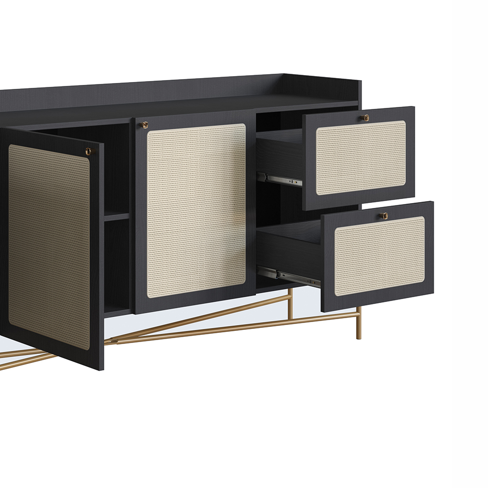 Oslo 72"L X32"H  Sideboard Iron Gold Legs  Rattan 3 Door -2-Drawer-Nero Black - Image 6