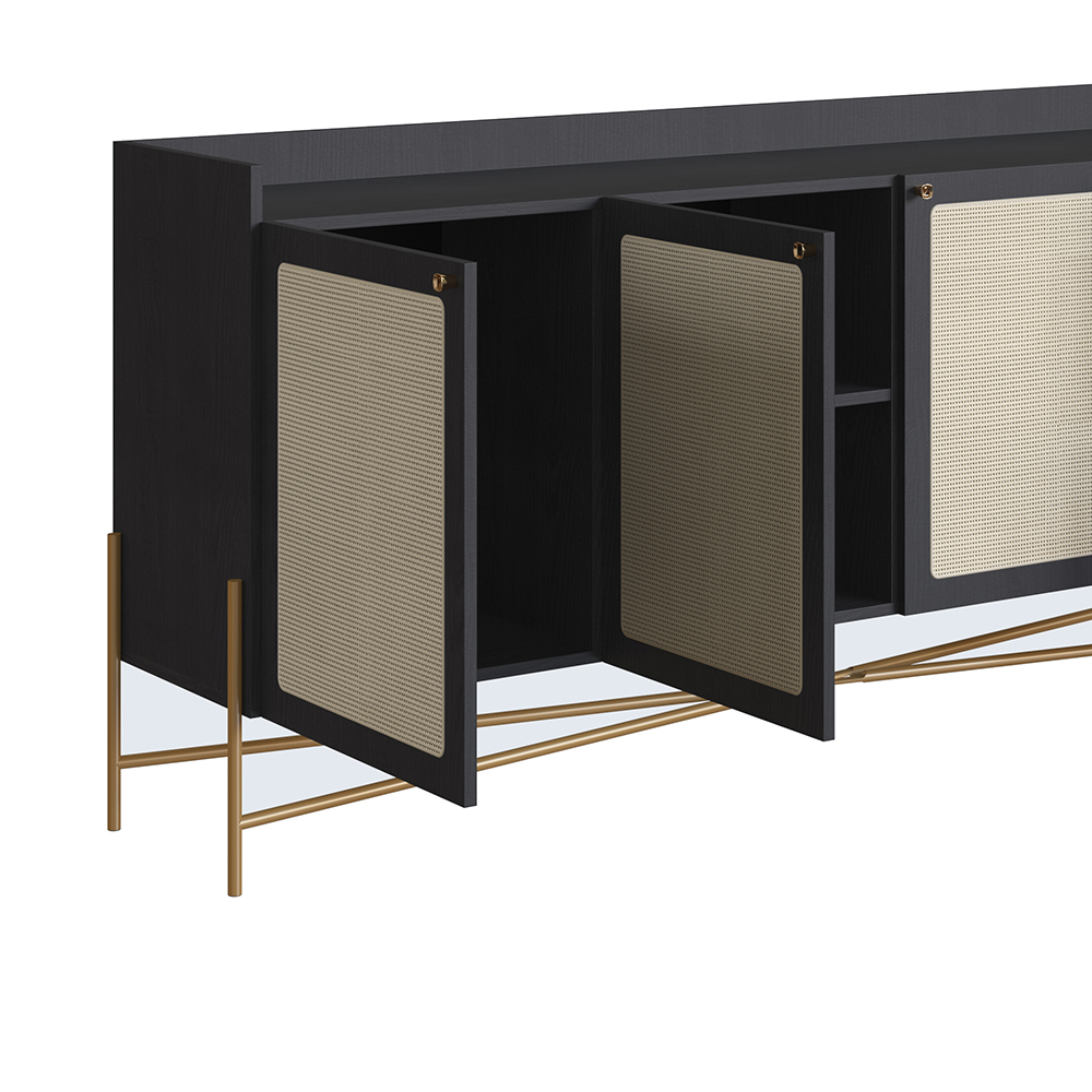 Oslo 72"L X32"H  Sideboard Iron Gold Legs  Rattan 3 Door -2-Drawer-Nero Black - Image 7