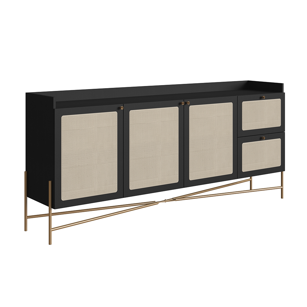 Oslo 72"L X32"H  Sideboard Iron Gold Legs  Rattan 3 Door -2-Drawer-Nero Black - Image 8