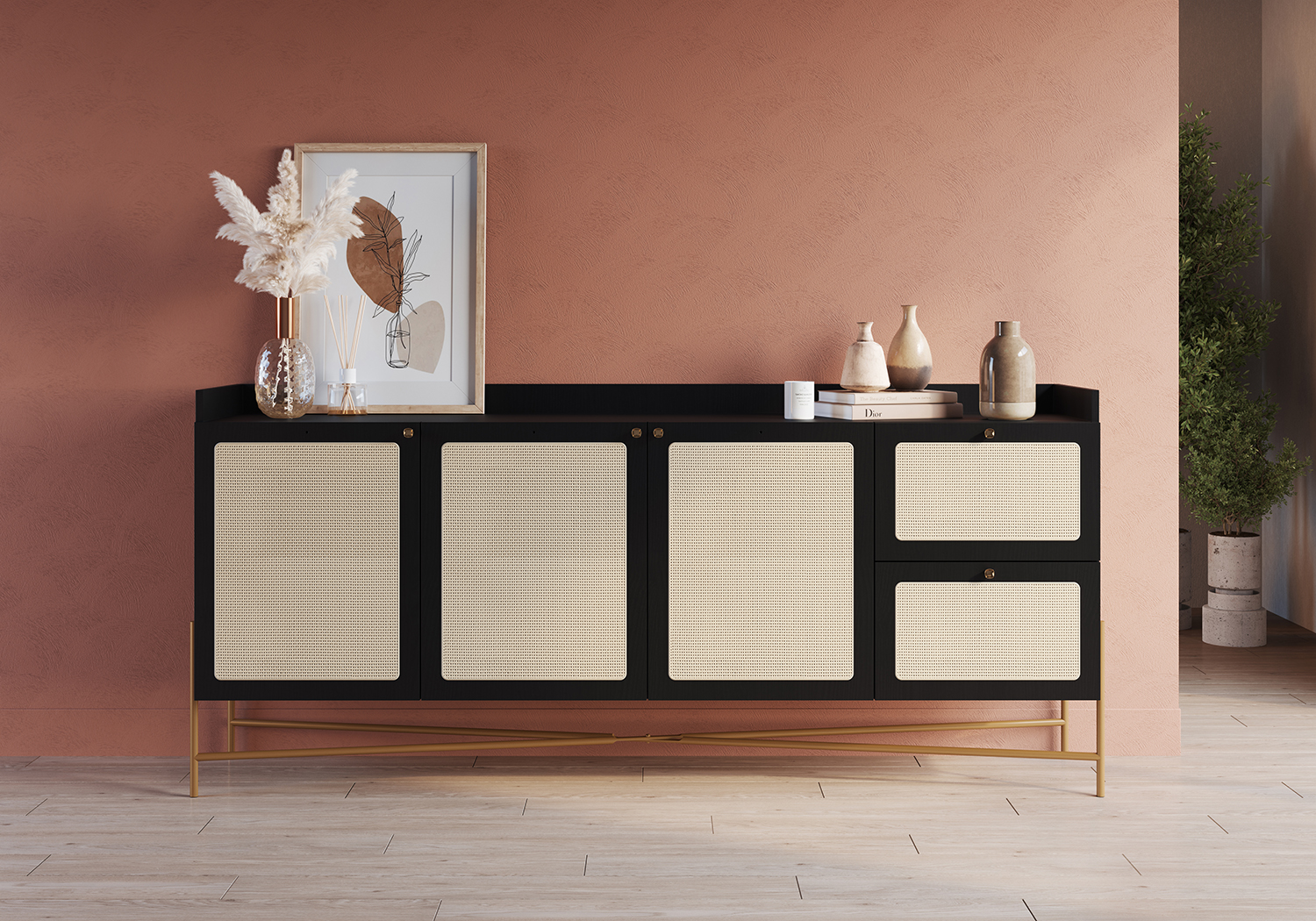 Oslo 72"L X32"H  Sideboard Iron Gold Legs  Rattan 3 Door -2-Drawer-Nero Black