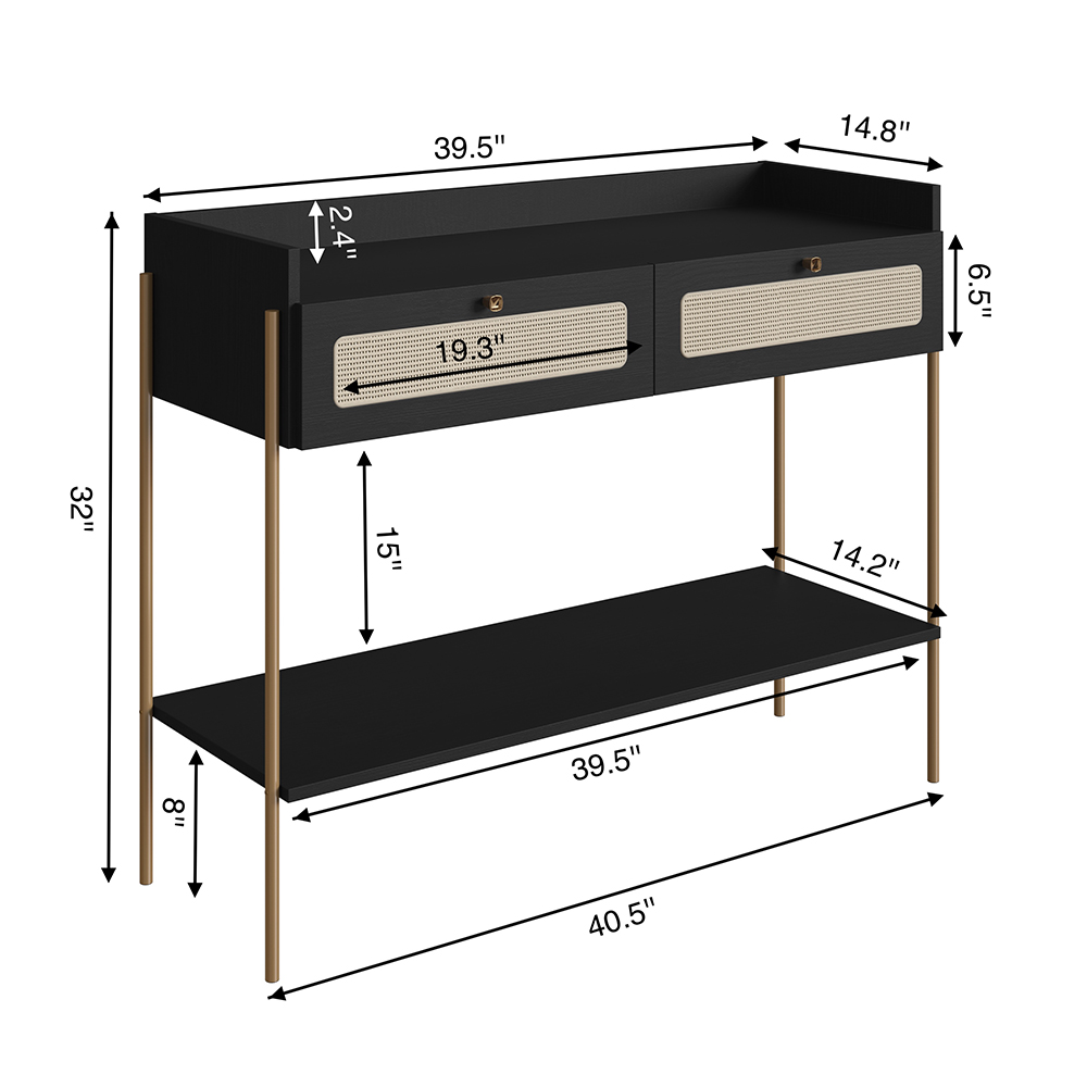 Oslo Console Entry Table Iron Gold Legs and Rattan 2-Drawer -Nero Black - Image 9