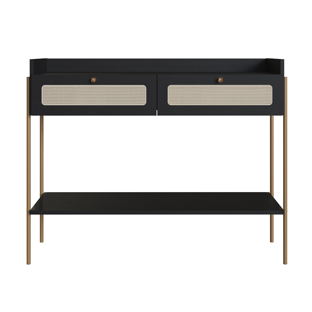Oslo Console Entry Table Iron Gold Legs and Rattan 2-Drawer -Nero Black - Image 2