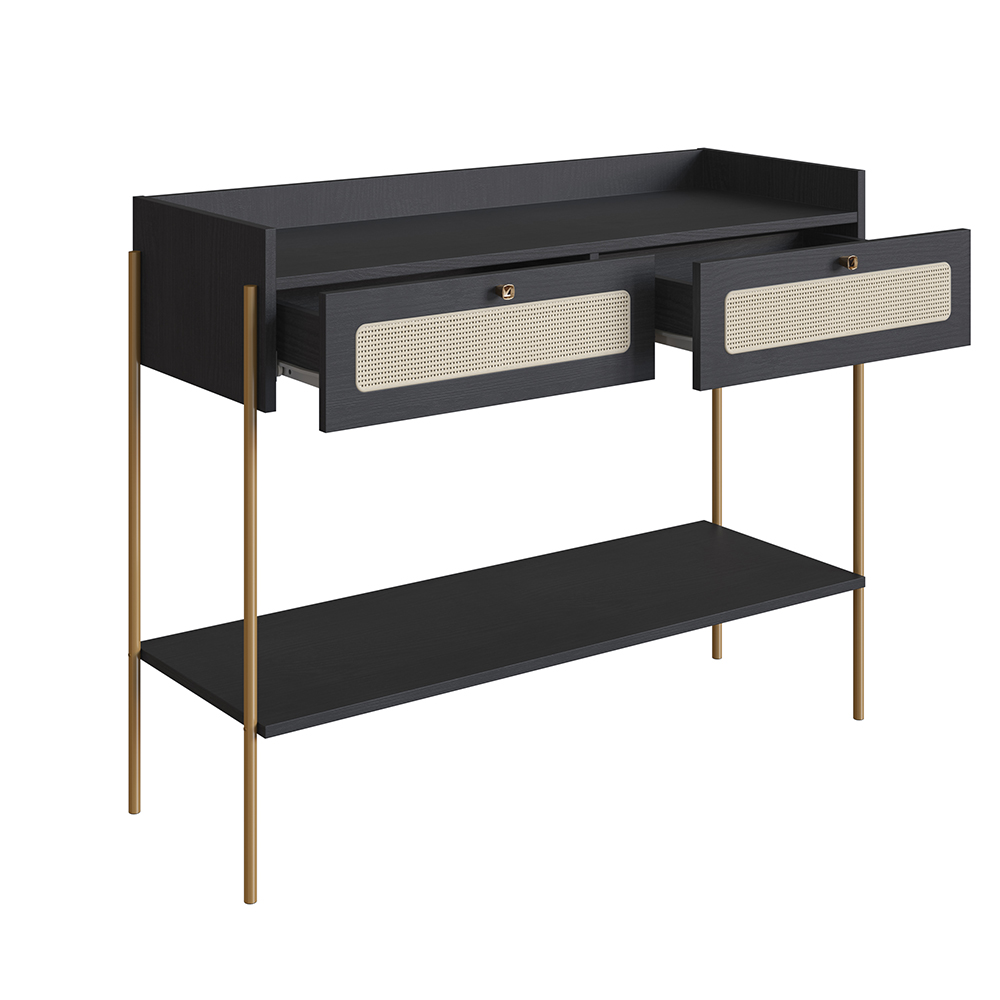Oslo Console Entry Table Iron Gold Legs and Rattan 2-Drawer -Nero Black - Image 4