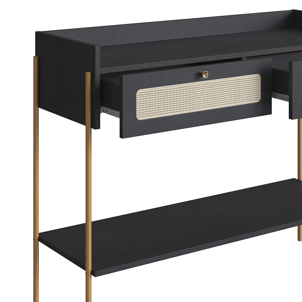 Oslo Console Entry Table Iron Gold Legs and Rattan 2-Drawer -Nero Black - Image 5