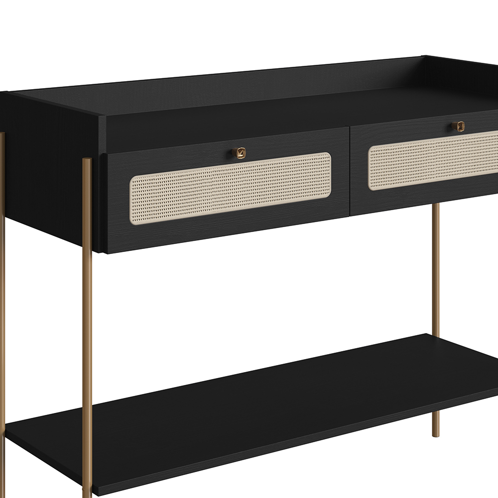 Oslo Console Entry Table Iron Gold Legs and Rattan 2-Drawer -Nero Black - Image 6