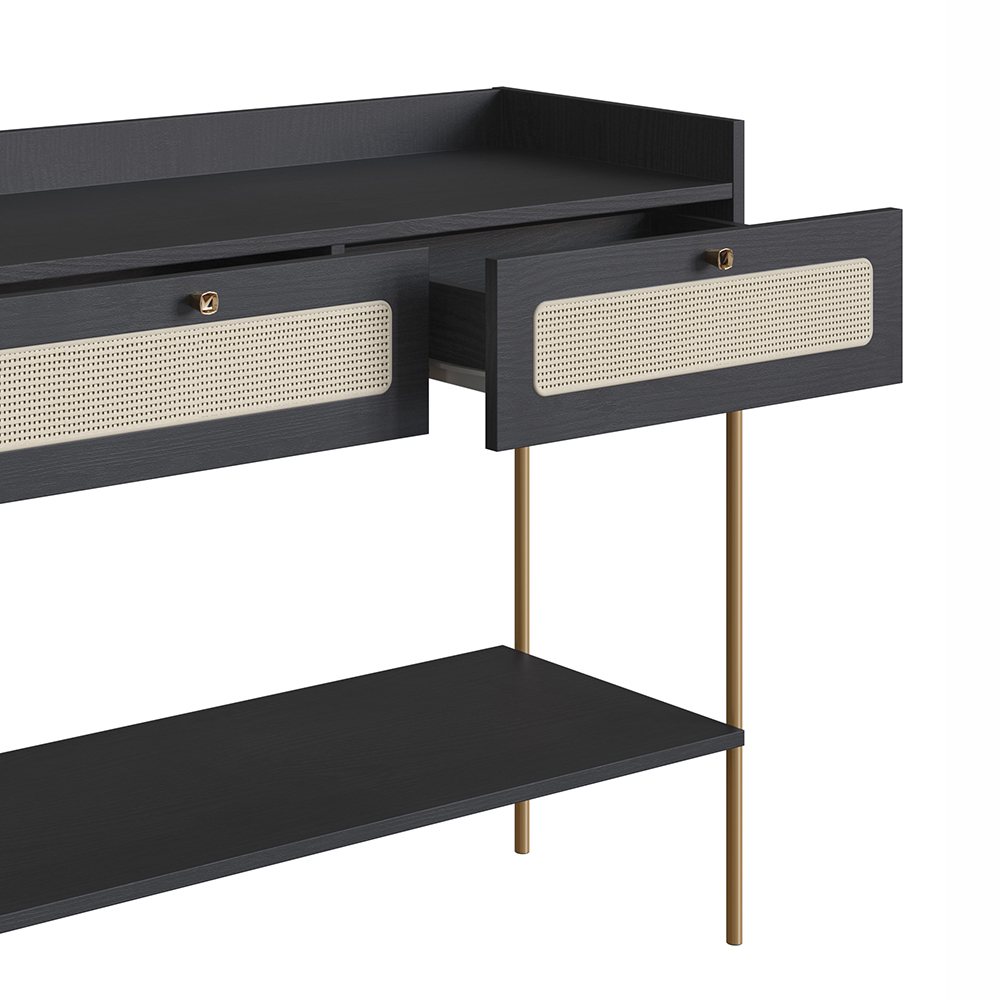 Oslo Console Entry Table Iron Gold Legs and Rattan 2-Drawer -Nero Black - Image 7