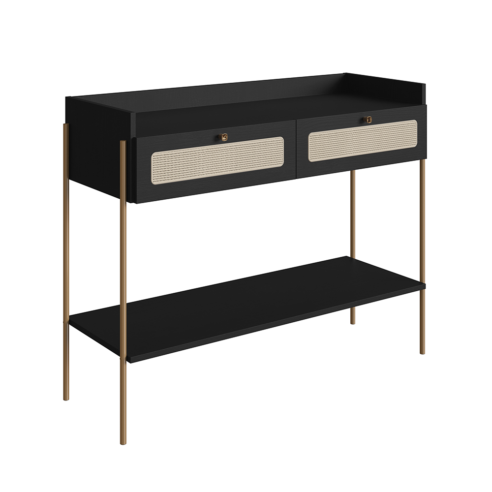 Oslo Console Entry Table Iron Gold Legs and Rattan 2-Drawer -Nero Black - Image 8