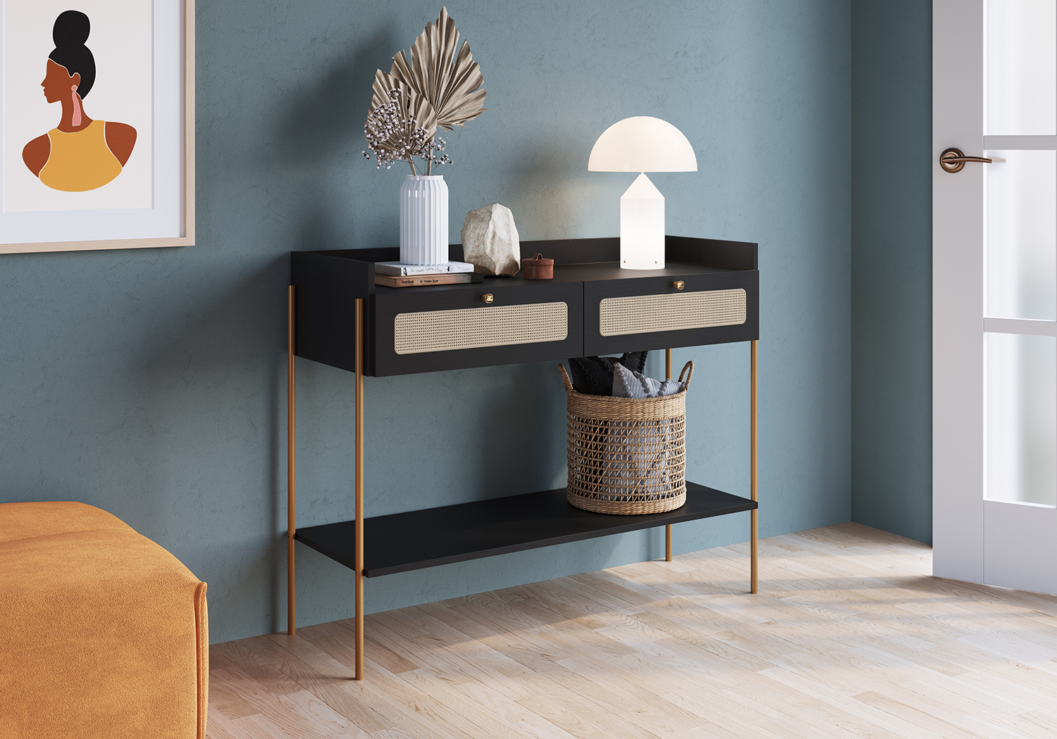 Oslo Console Entry Table Iron Gold Legs and Rattan 2-Drawer -Nero Black