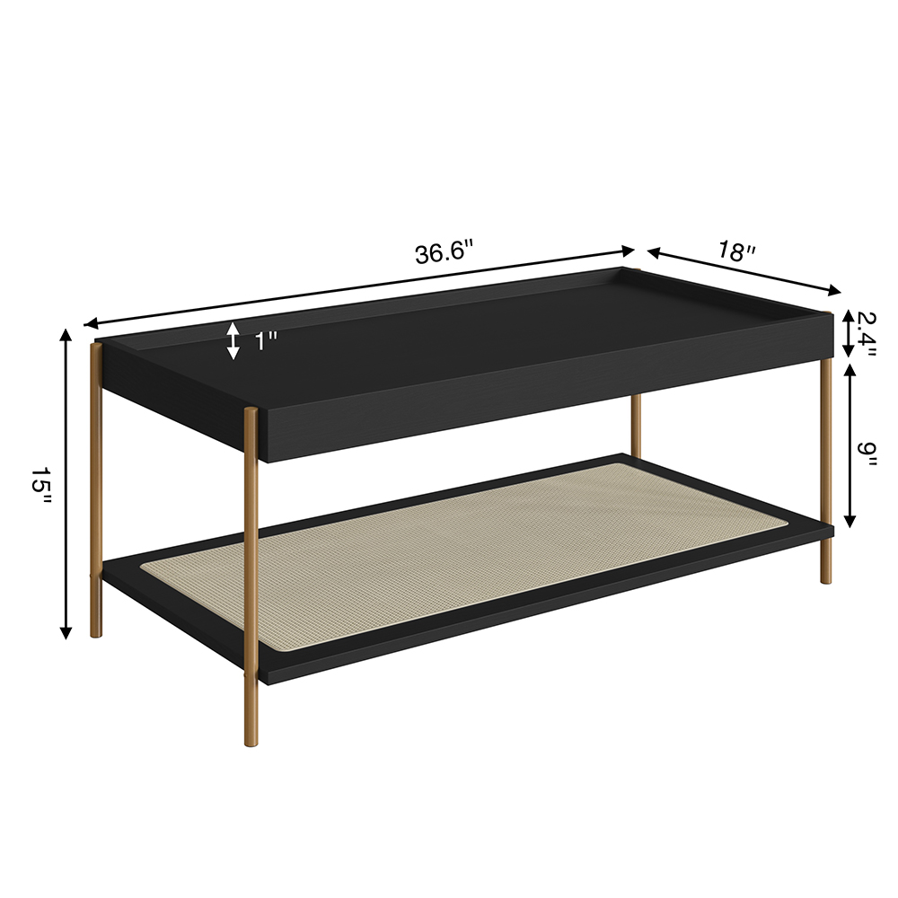 Oslo Coffee Table Gold Iron Legs Rattan Shelf Storage -Nero Black - Image 5
