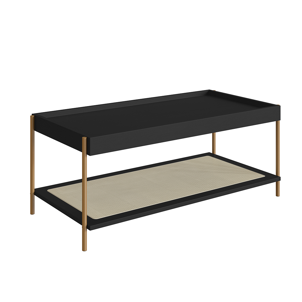 Oslo Coffee Table Gold Iron Legs Rattan Shelf Storage -Nero Black - Image 2