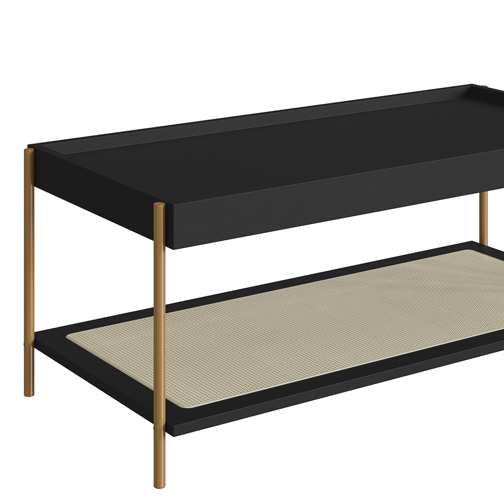 Oslo Coffee Table Gold Iron Legs Rattan Shelf Storage -Nero Black - Image 3