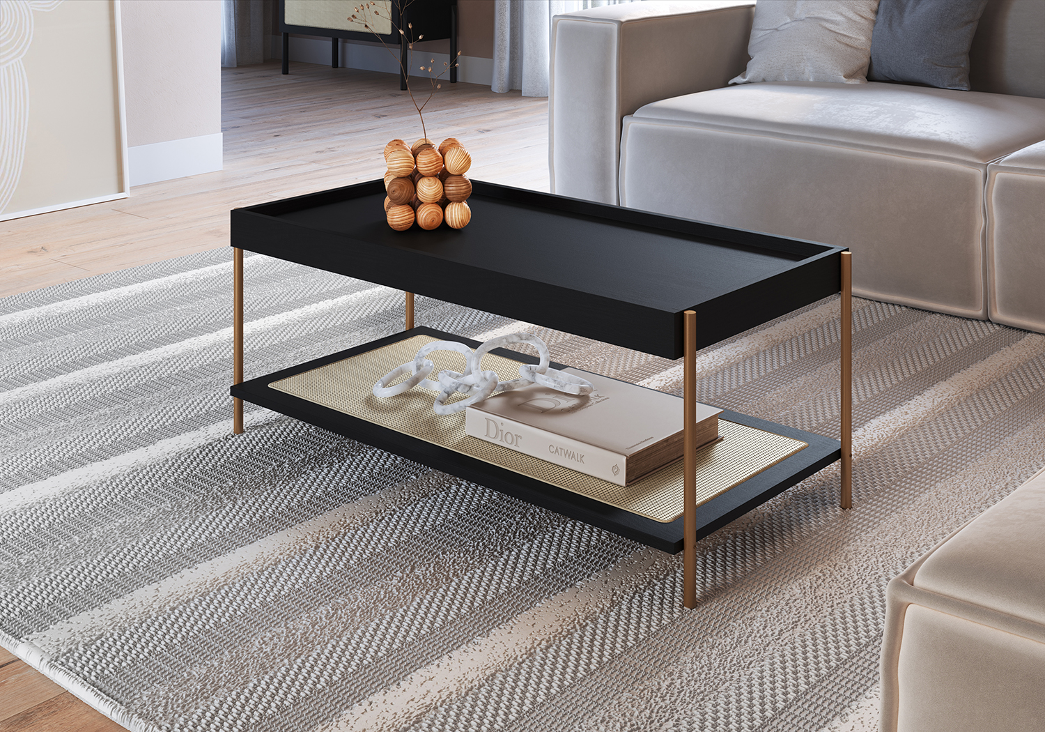 Oslo Coffee Table Gold Iron Legs Rattan Shelf Storage -Nero Black