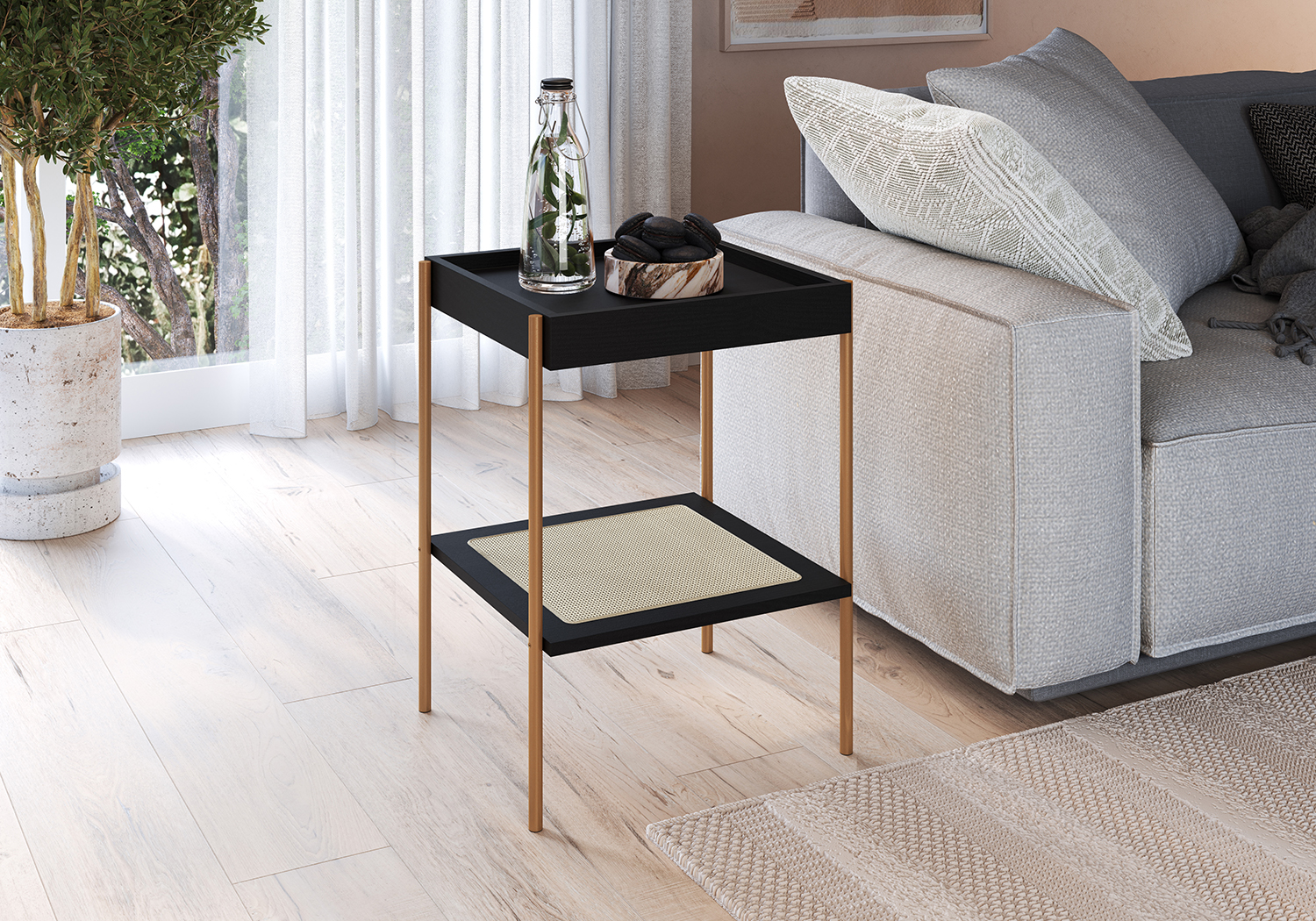 Oslo Side Table  Iron Gold Legs and Rattan Accent End Table-Nero Black