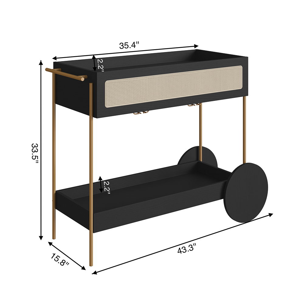 Oslo Bar Cart Iron Gold Legs and Rattan Accent  Drawer -Nero Black - Image 6