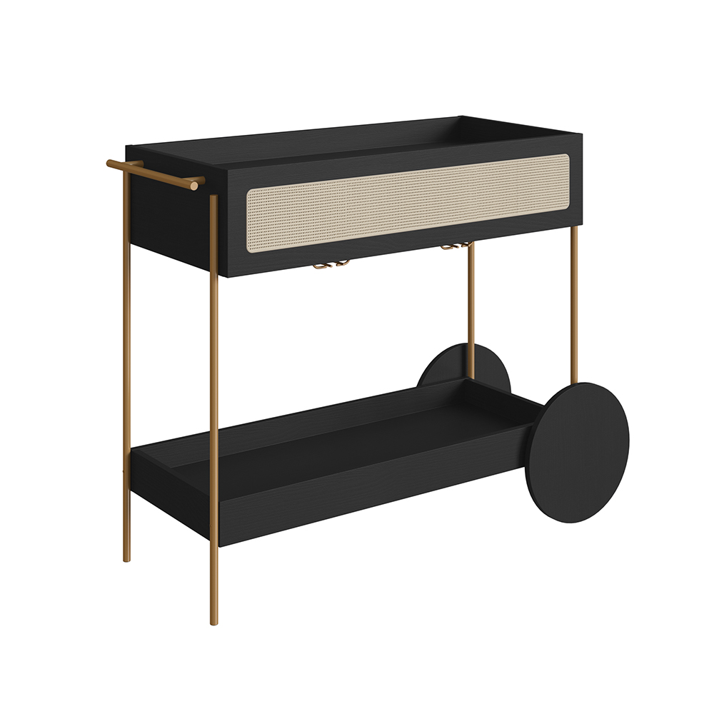 Oslo Bar Cart Iron Gold Legs and Rattan Accent  Drawer -Nero Black - Image 2