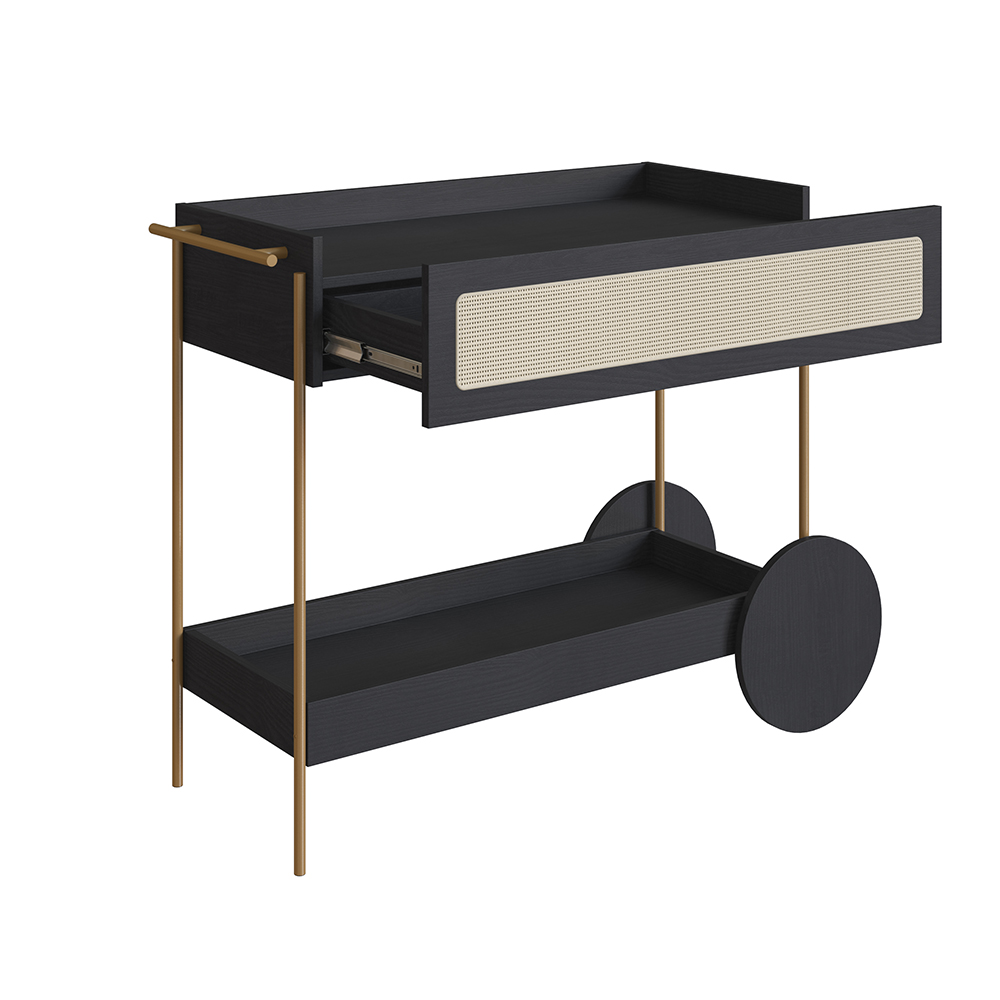 Oslo Bar Cart Iron Gold Legs and Rattan Accent  Drawer -Nero Black - Image 3
