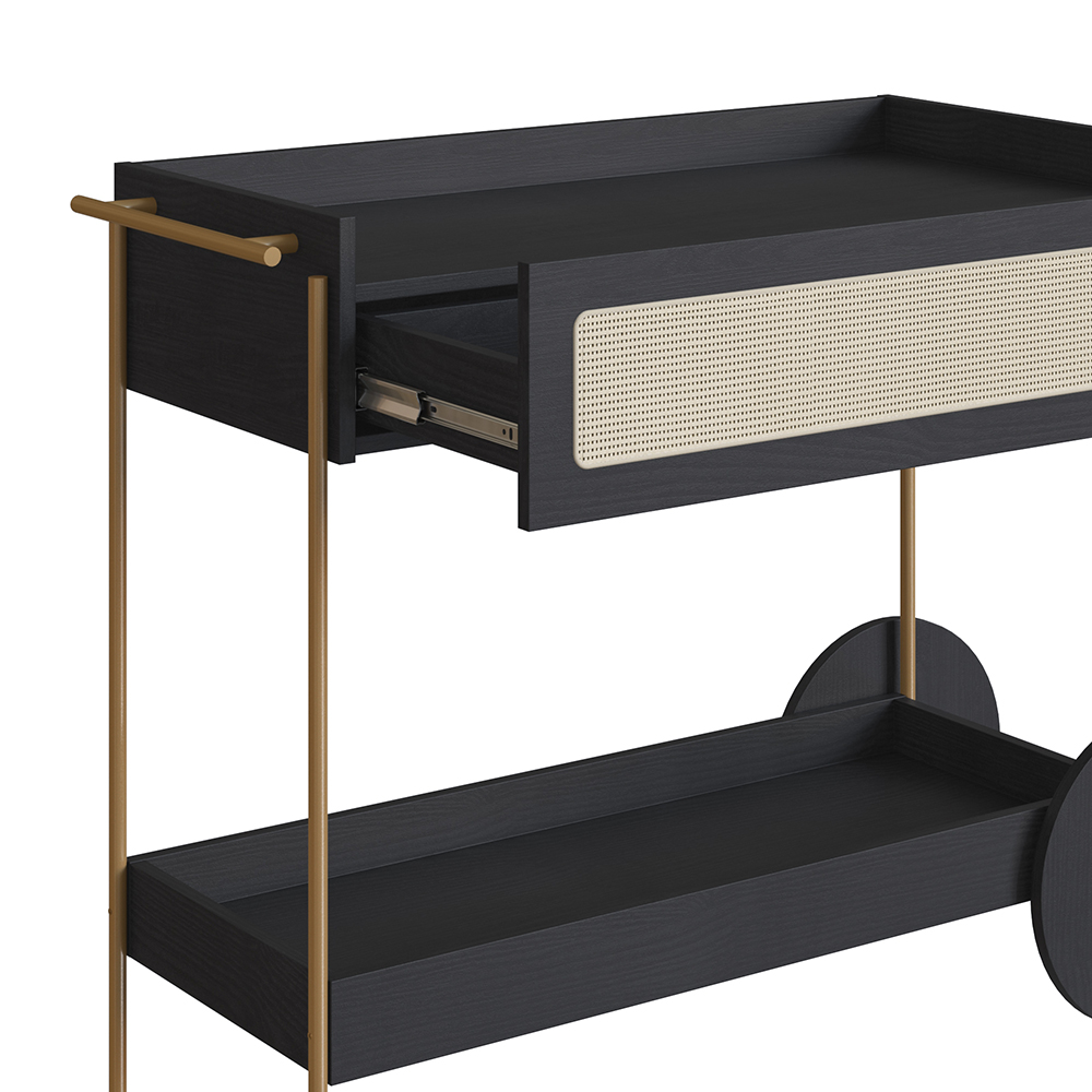 Oslo Bar Cart Iron Gold Legs and Rattan Accent  Drawer -Nero Black - Image 4