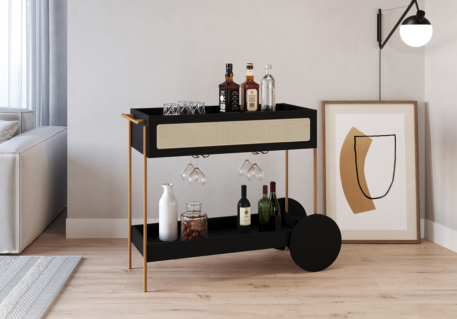 Oslo Bar Cart Iron Gold Legs and Rattan Accent  Drawer -Nero Black