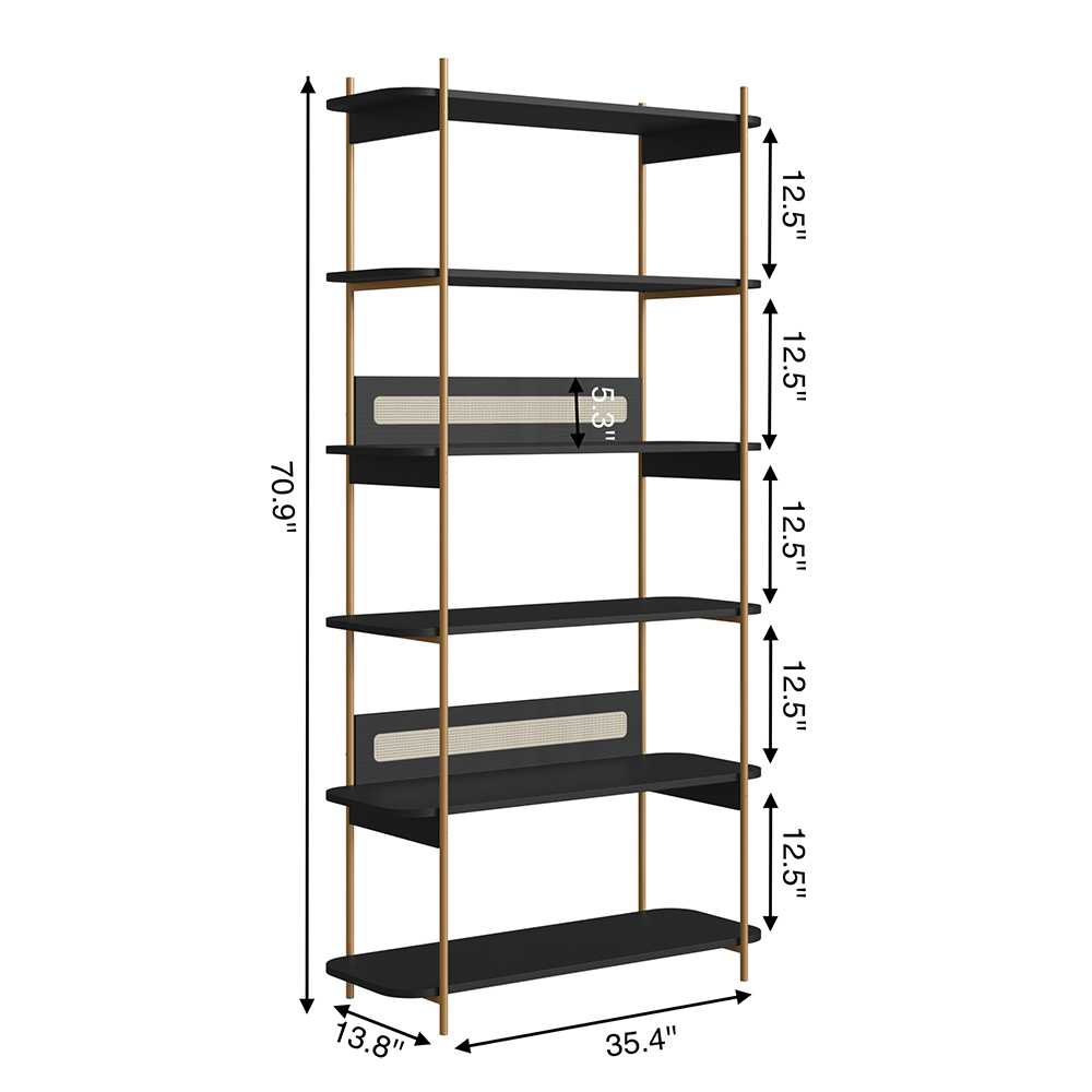 Oslo 6 Tier-Bookcase Iron Gold Legs and Rattan Accent -Nero Black - Image 9