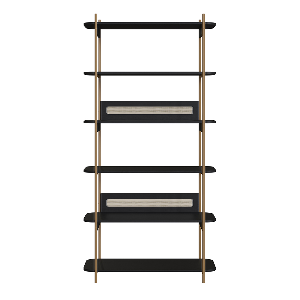 Oslo 6 Tier-Bookcase Iron Gold Legs and Rattan Accent -Nero Black - Image 4