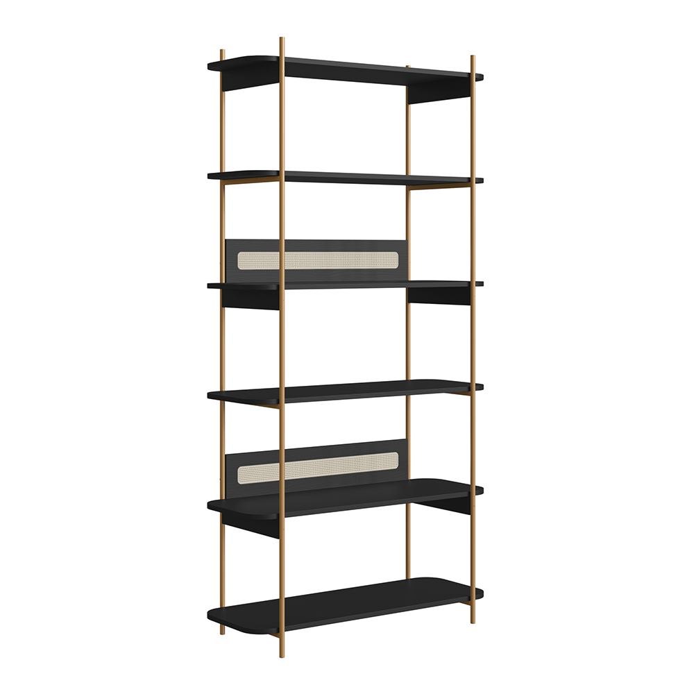 Oslo 6 Tier-Bookcase Iron Gold Legs and Rattan Accent -Nero Black - Image 5