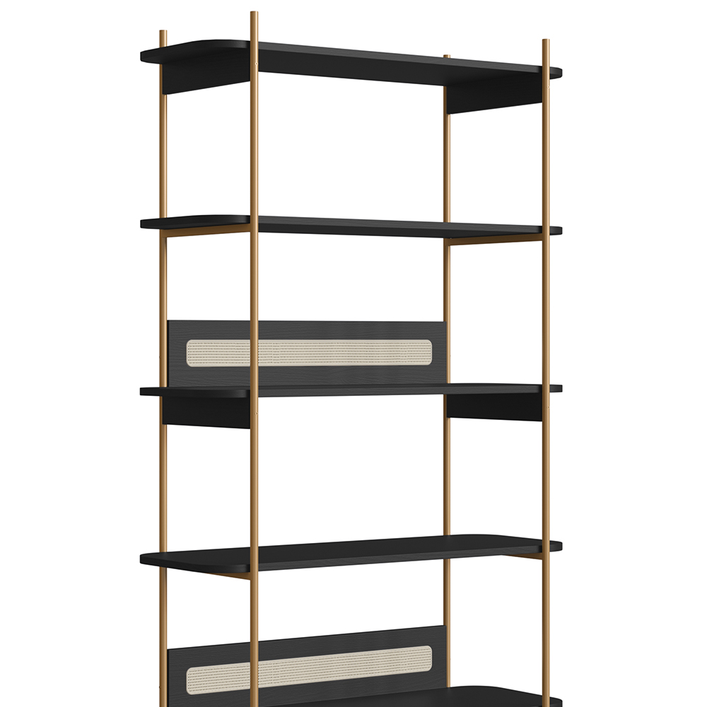 Oslo 6 Tier-Bookcase Iron Gold Legs and Rattan Accent -Nero Black - Image 6