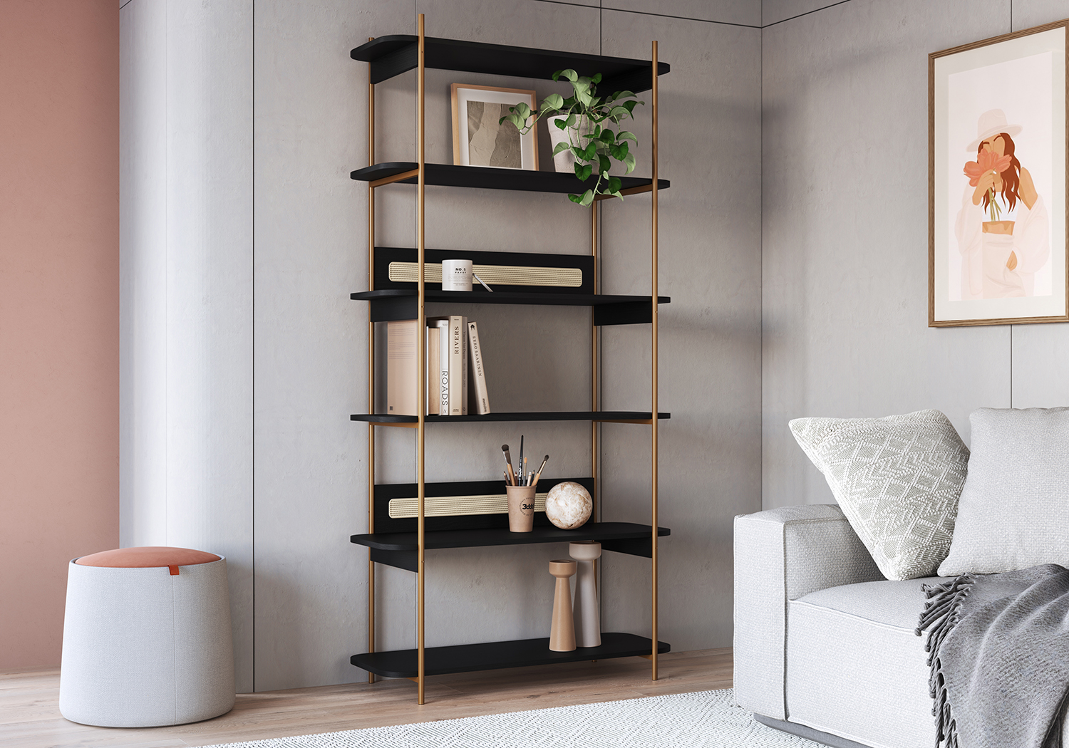 Oslo 6 Tier-Bookcase Iron Gold Legs and Rattan Accent -Nero Black
