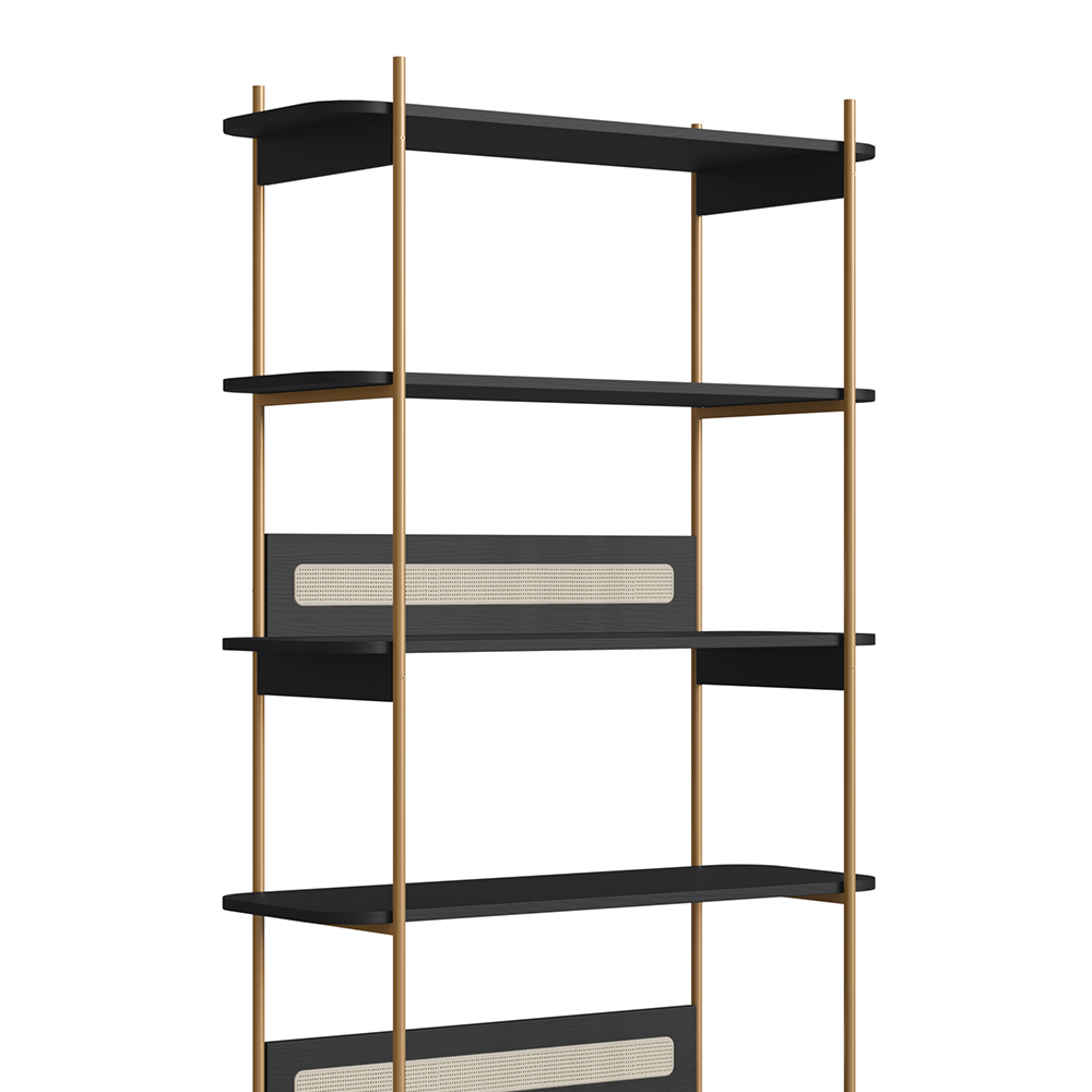 Oslo 6 Tier-Bookcase Iron Gold Legs and Rattan Accent -Nero Black - Image 7