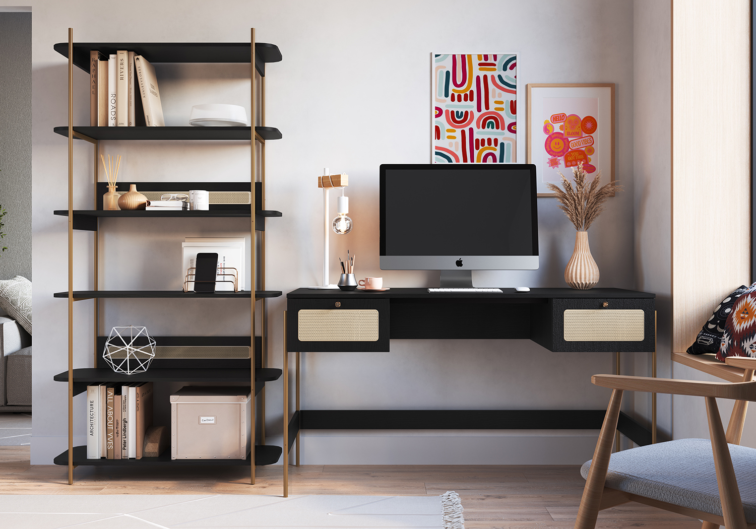 Oslo 6 Tier-Bookcase Iron Gold Legs and Rattan Accent -Nero Black - Image 3